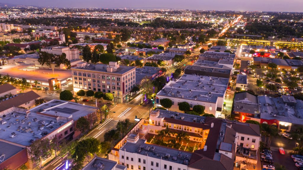 Aerial view of fullerton with city lights on.